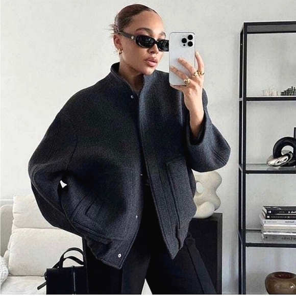 ZARA Wool Blend Ovesized Bomber Jacket Black Women's Size M - Picture 15 of 16